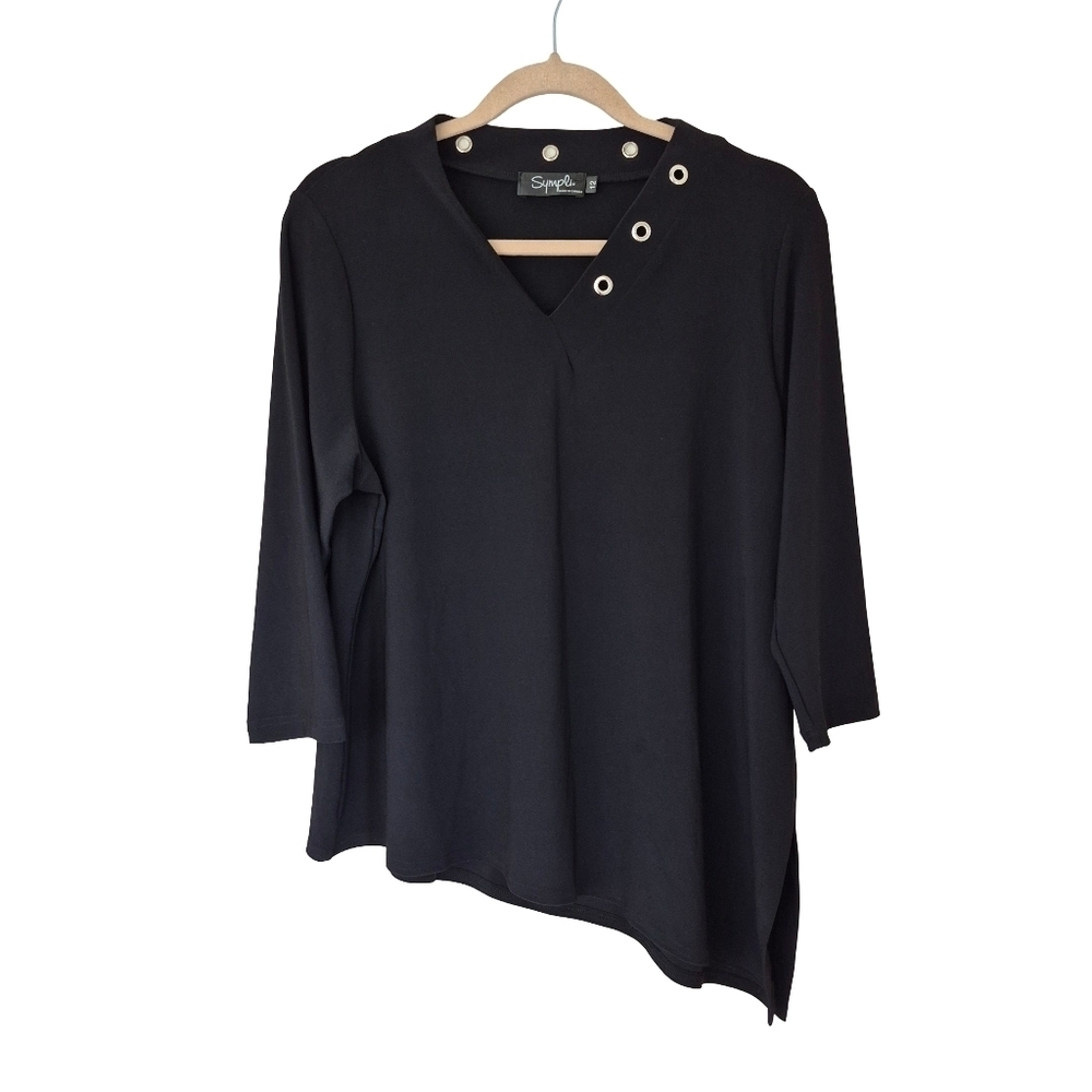 Symply Black Jersey Tunic Top V-neck 3/4 Sleeve Asymmetrical Hem